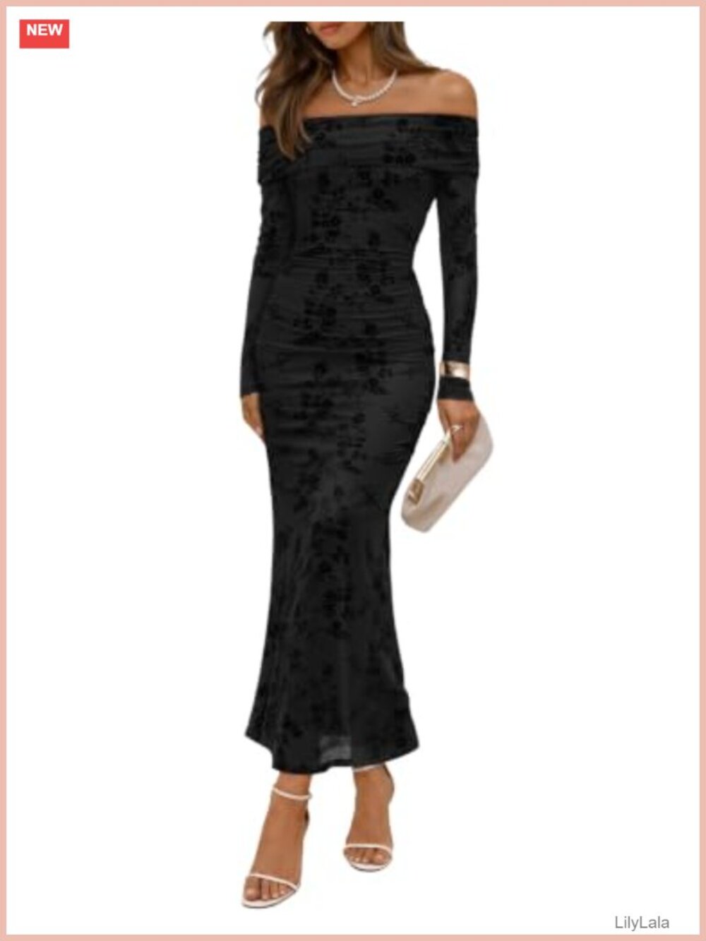 Womens Off Shoulder Long Sleeve Mesh Maxi Formal Wedding Guest Dress